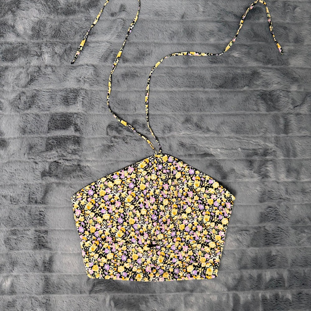 Etclet Floral Halter Crop Top Womens Small Yellow Purple Smocked C2479T